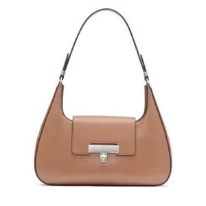 Calvin Klein Top Zip Shoulder Bag Tan Faux Leather Turn Lock Minimalist Purse